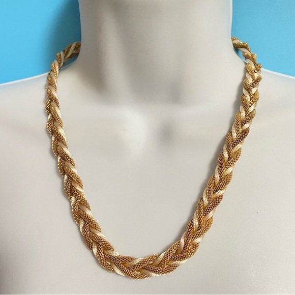 Mesh Chain Satin Braid Gold Tone Necklace - Picture 2 of 7